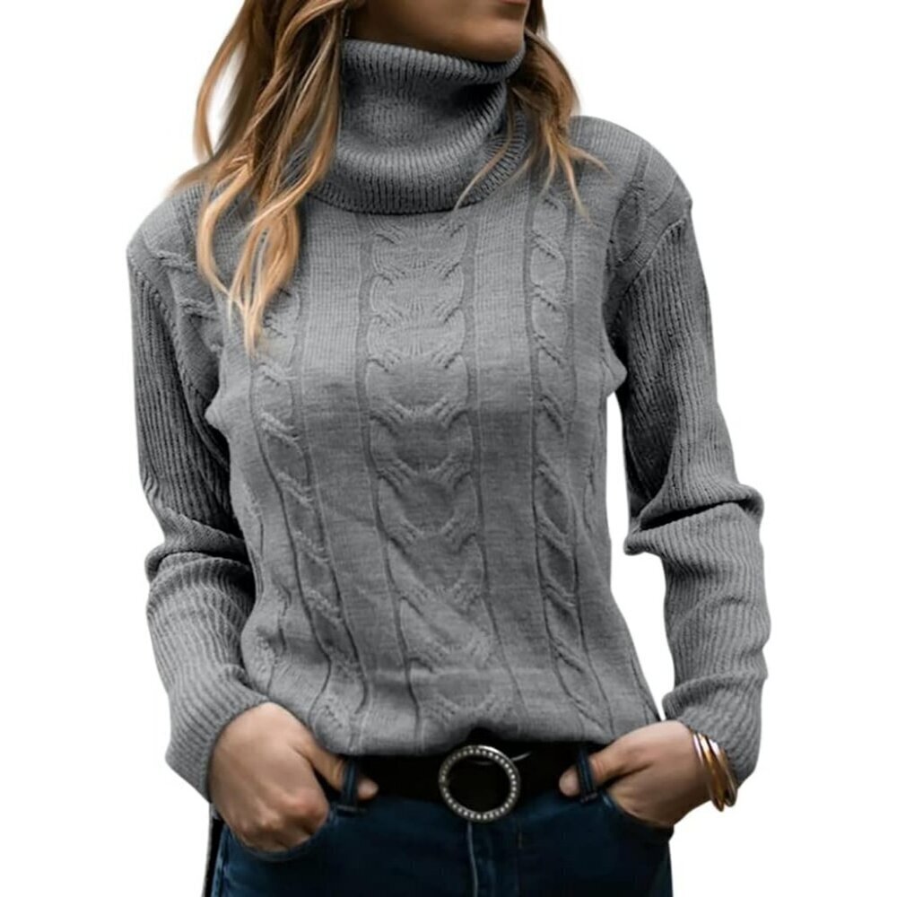 Womens Gray Pull On Cable Knit Turtleneck Long Sleeve Casual Warm Sweaters